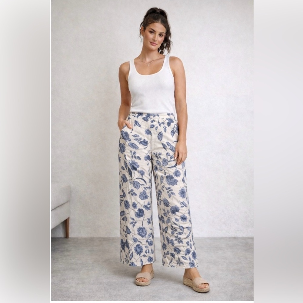 Ella Moss Linen Blend Floral Print Wide-Leg Pants Blue White Size M Vacation